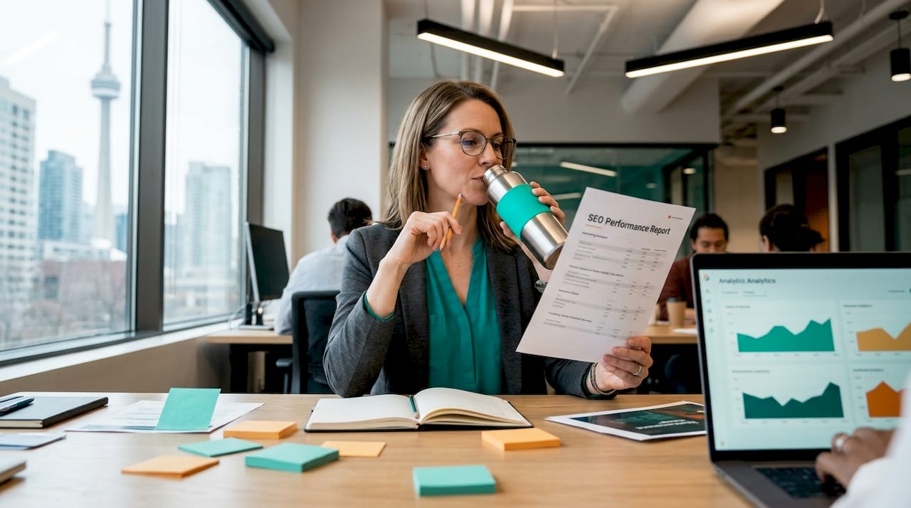 Marketing manager reviewing SEO reports