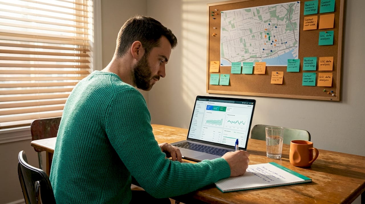 Marketing analyst reviews SEO data at kitchen table