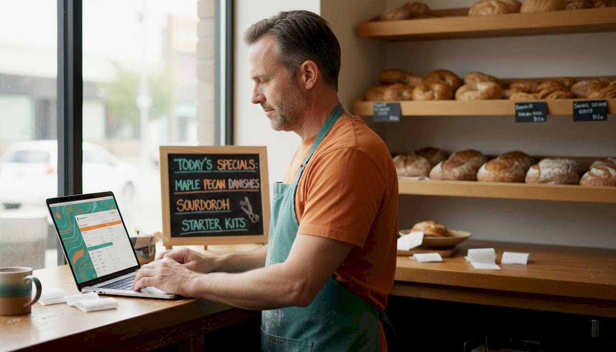 Bakery owner enters structured data at shop counter