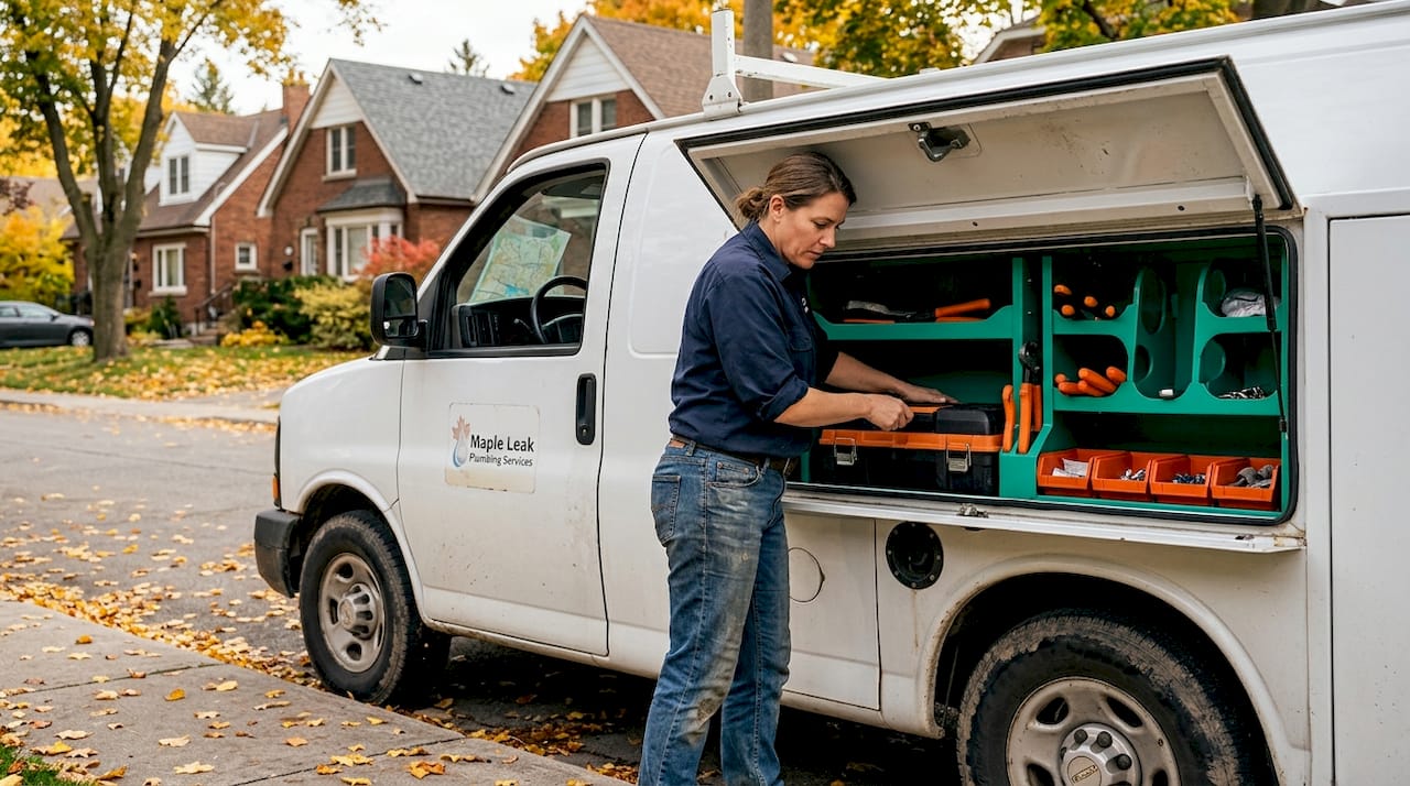 Service van and worker on residential street