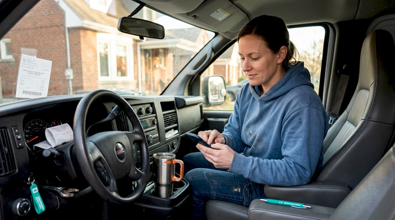 Plumber updating profile in parked van