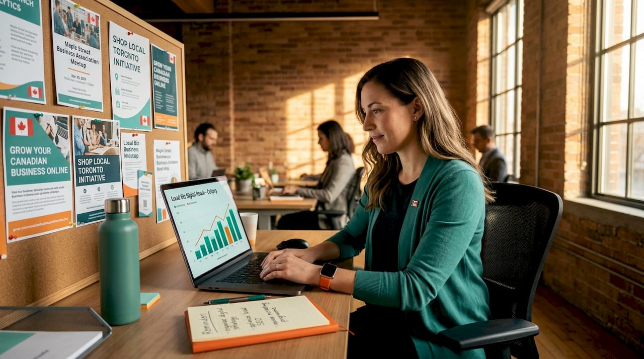 Professional updating business info on laptop in coworking space