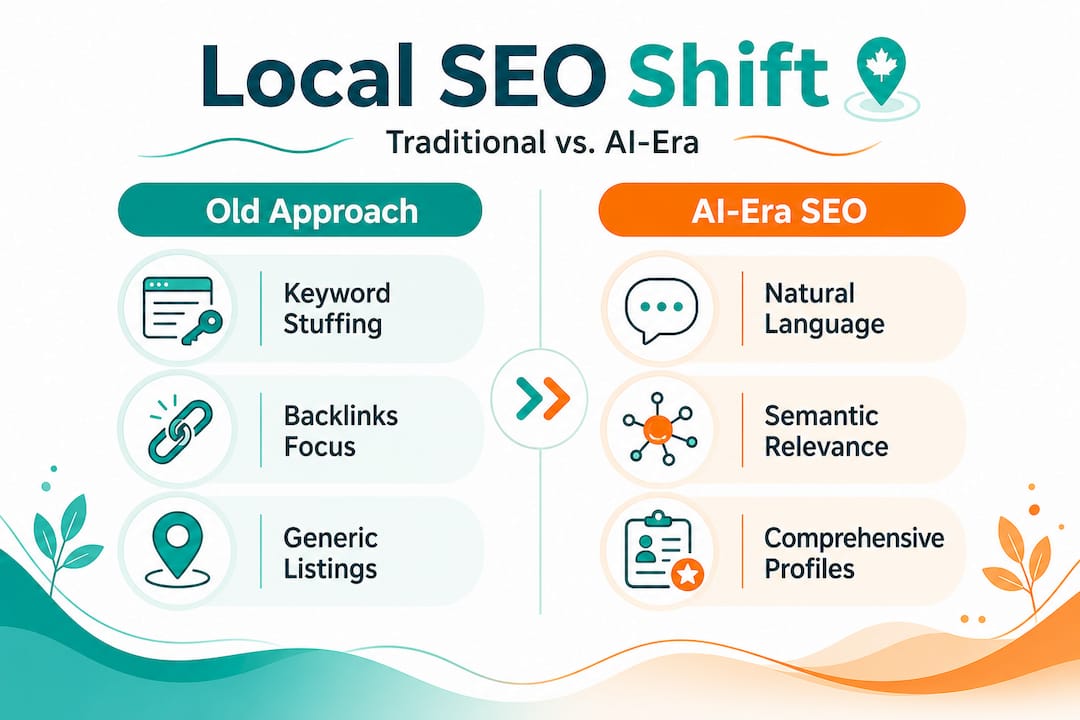 Infographic contrasting old local SEO and AI-era strategies