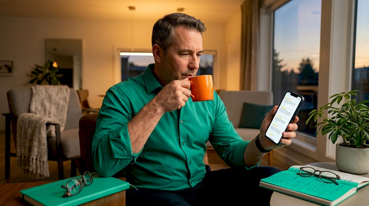 Man reading online business reviews at kitchen table