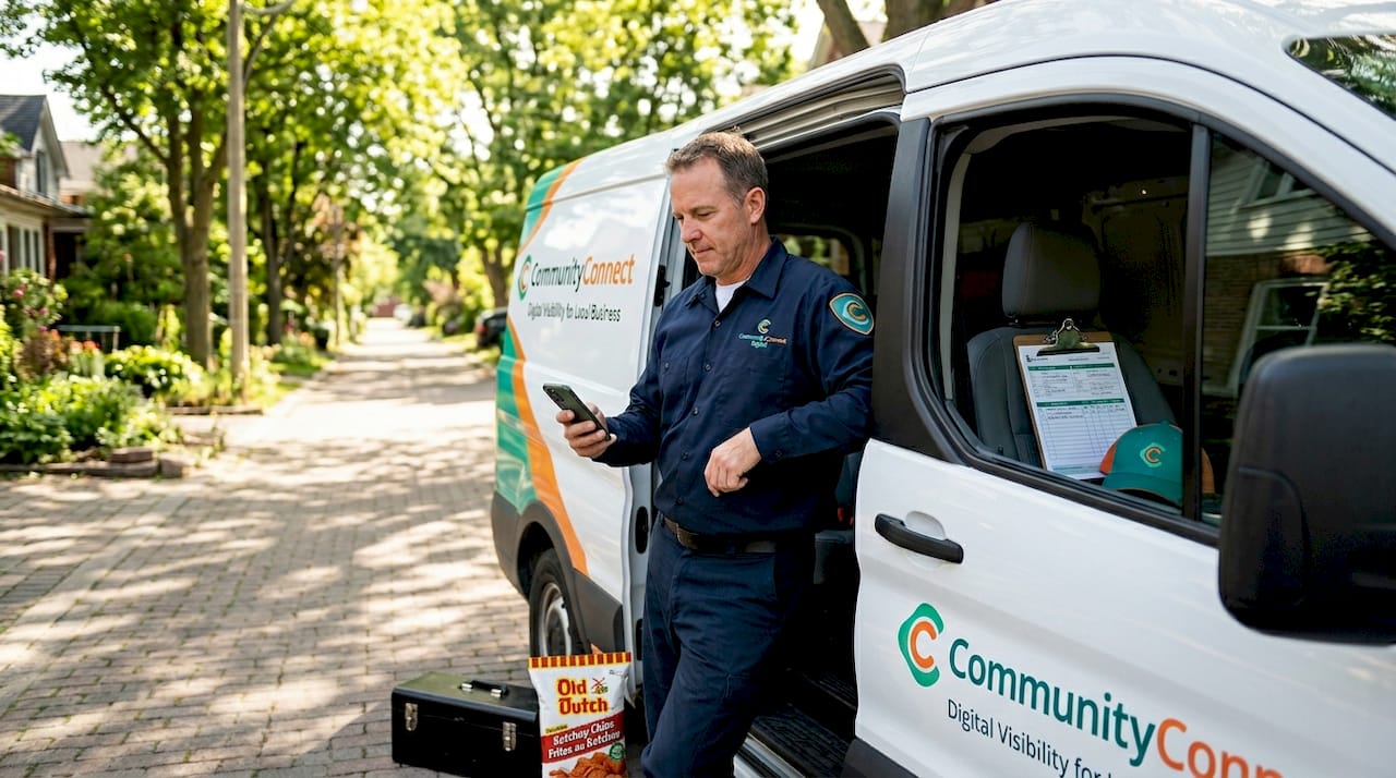 Service professional reviewing email in work van
