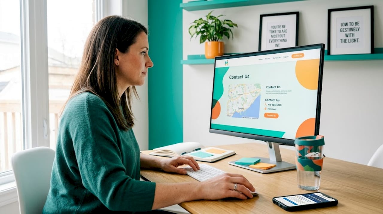Business owner updating contact page with map