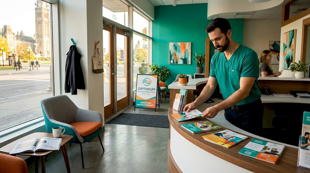 Physiotherapist setting up storefront clinic reception