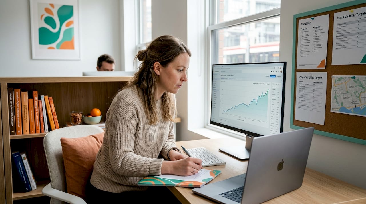 Marketer reviewing SEO leads at small desk