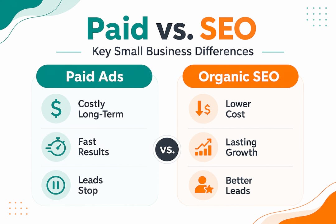 Comparison infographic of paid ads versus organic SEO