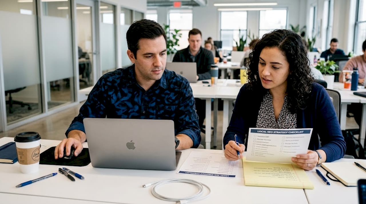 Team reviewing local content strategy together