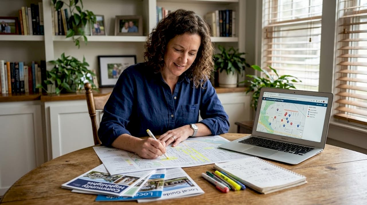 Marketer reviewing printed neighborhood map
