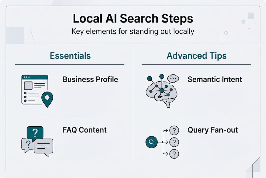 Infographic showing AI search steps and essentials
