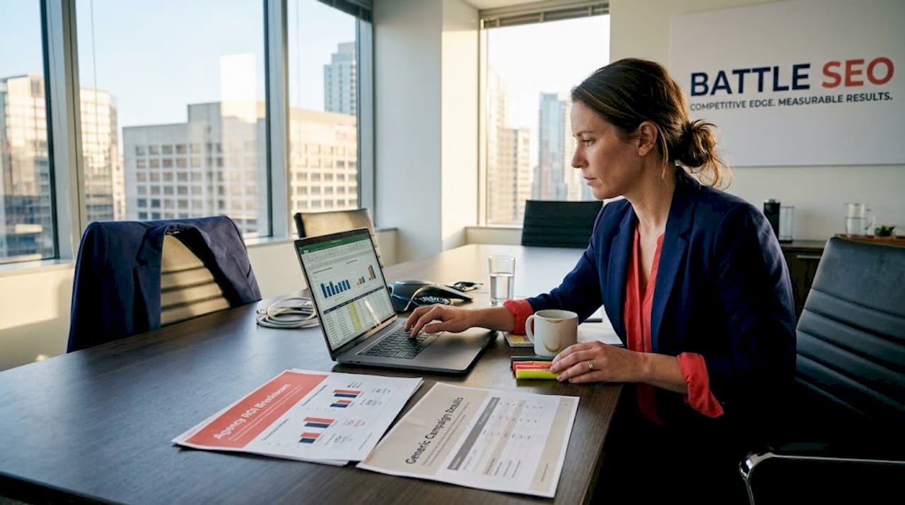 Manager analyzing ROI agency printouts