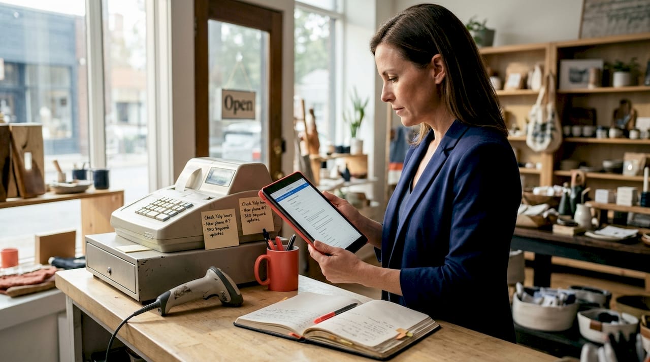 Retail business owner updating profile on tablet