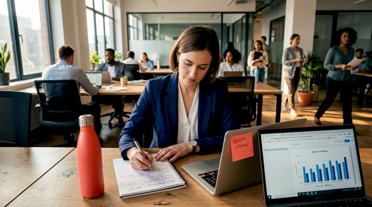 Marketer tracking local SEO results in coworking space