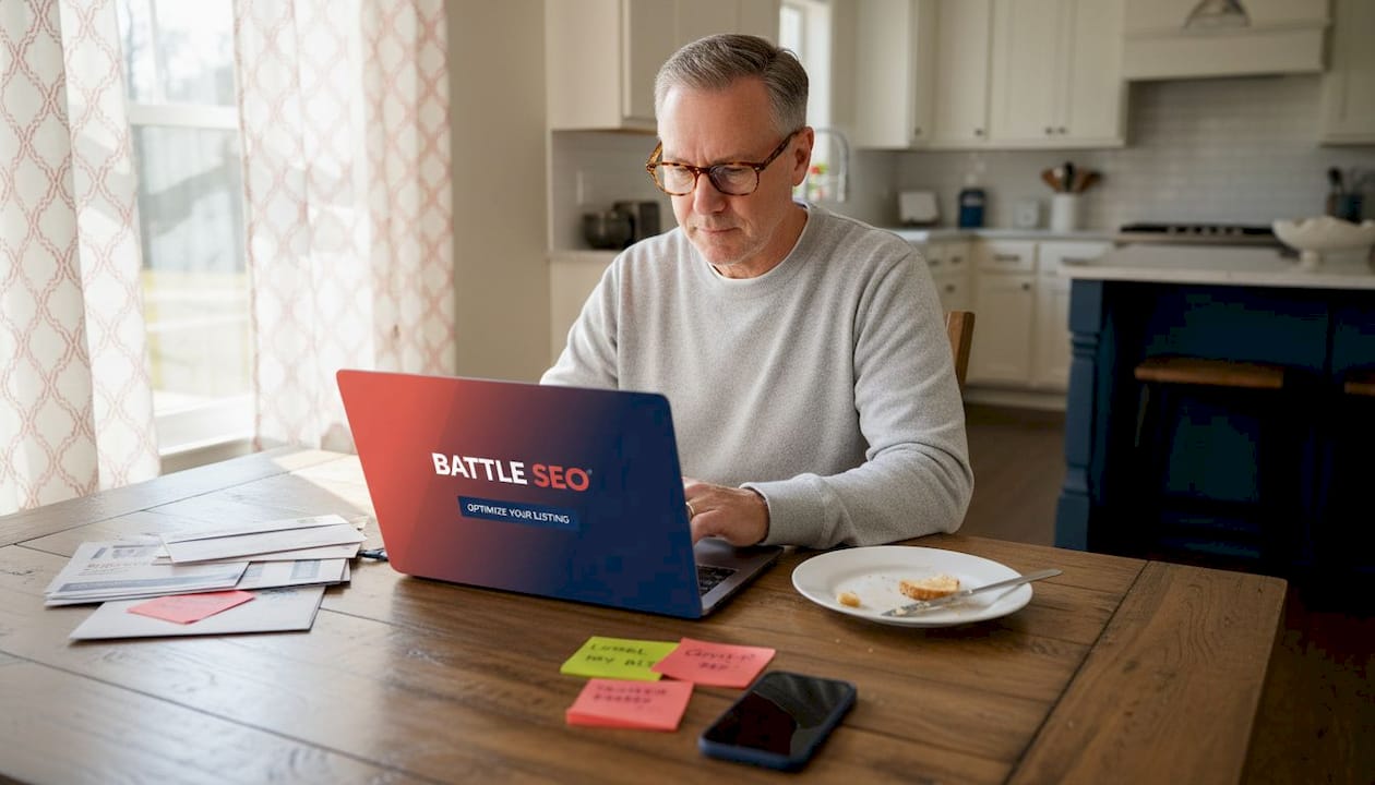 Owner reviews local listing at kitchen table