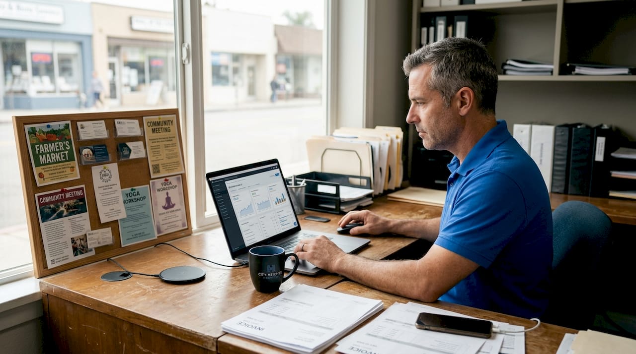 Business owner checks SEO results in storefront office
