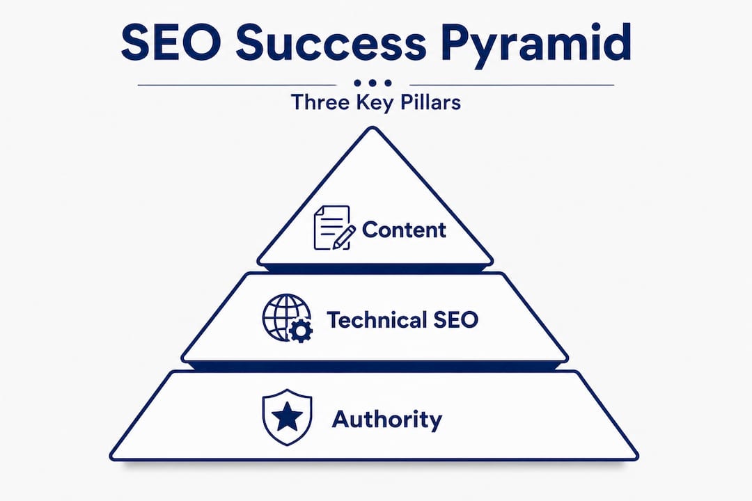 Infographic showing SEO success pyramid with three pillars