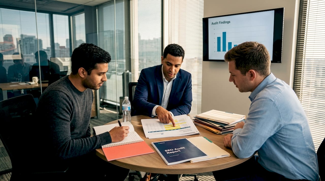 Team reviewing SEO audit results together