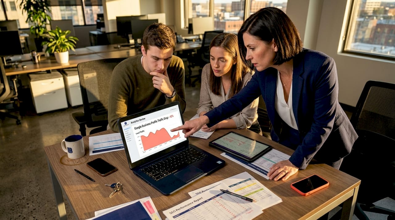 Marketing team reviewing declining search results