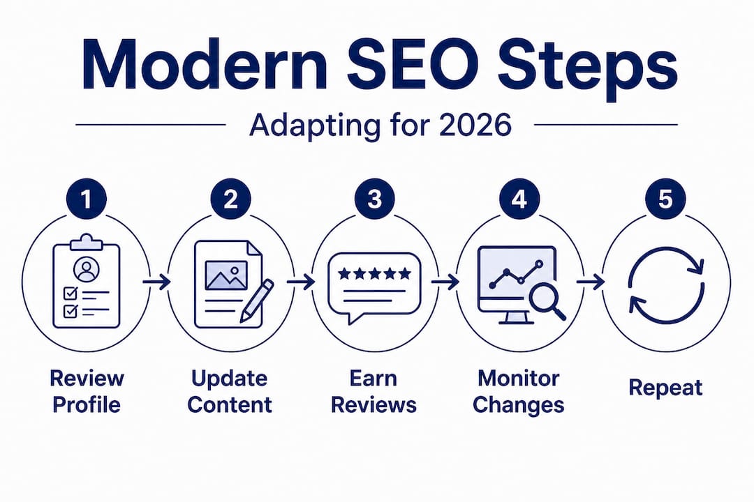 Infographic showing modern SEO steps for 2026