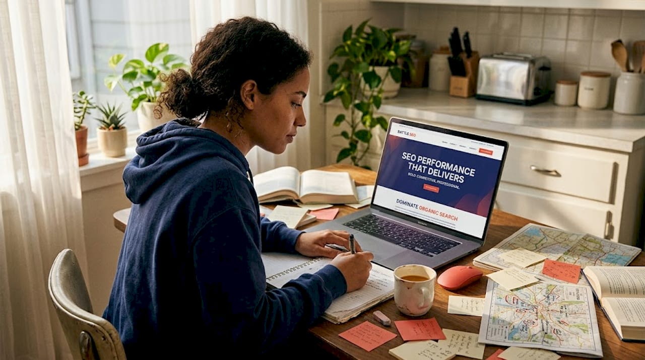Designer optimizing website at kitchen table