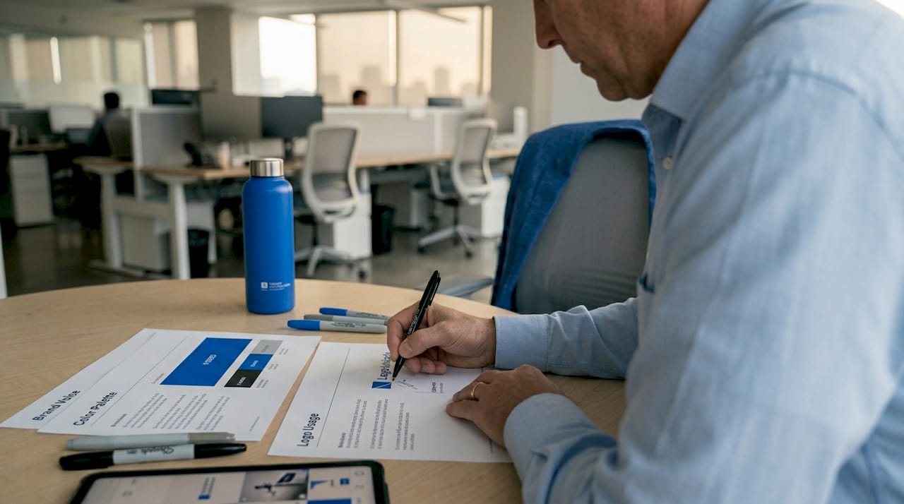 Man reviews branding guides in office