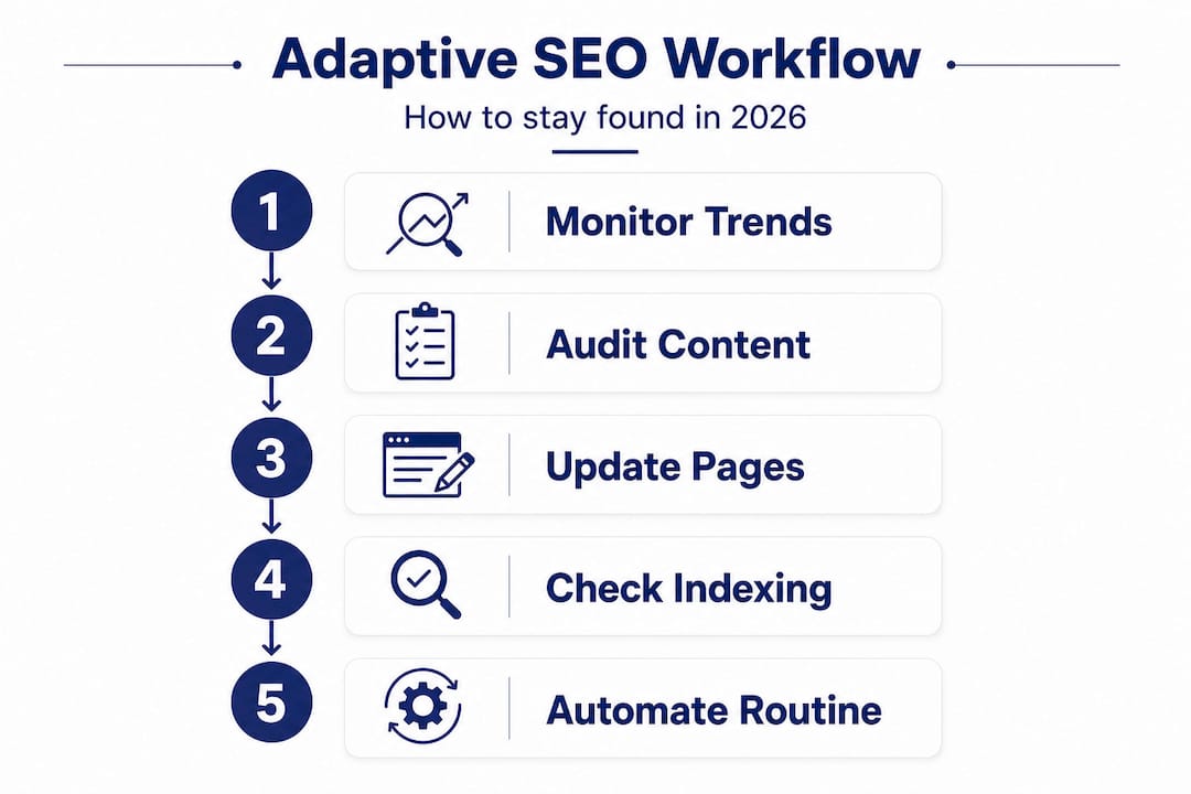 Infographic showing adaptive SEO workflow steps