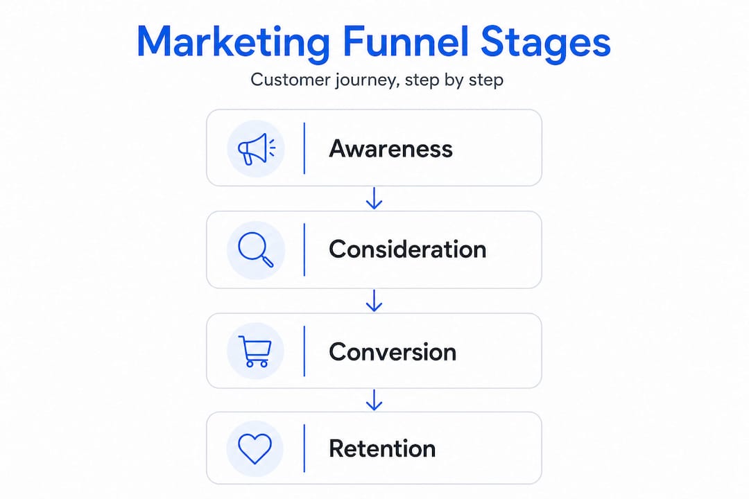 Infographic outlining main stages of a marketing funnel