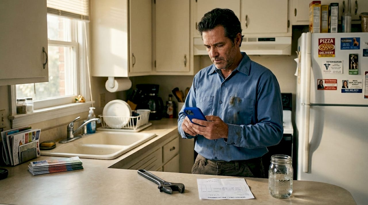 Plumber reviewing leads in home kitchen