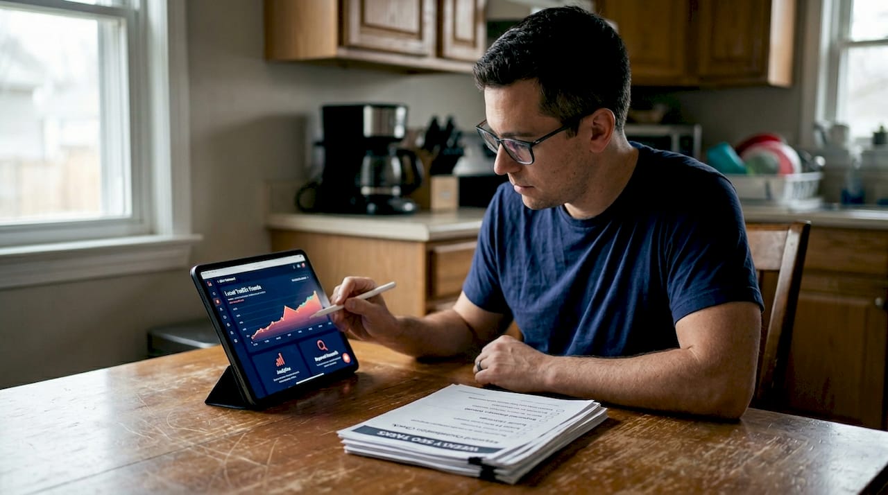 Business owner using SEO tools at kitchen table