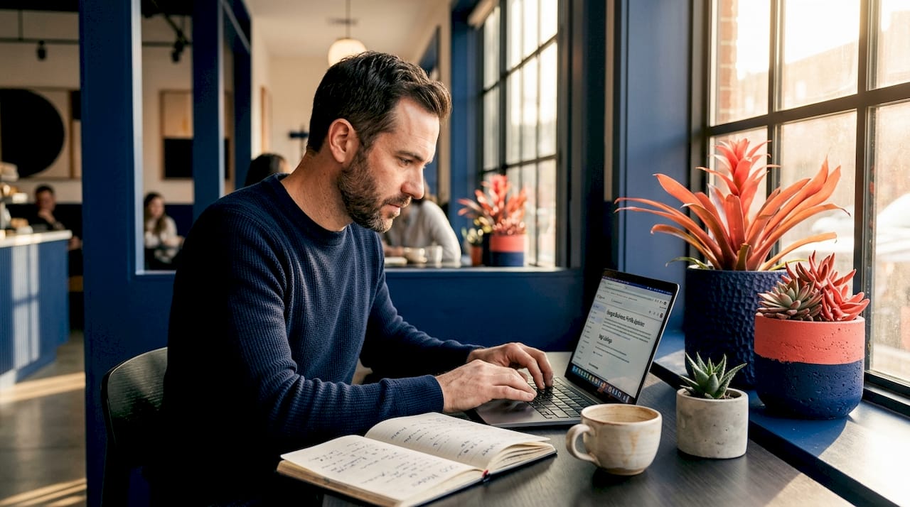 Man updating business listings in home office