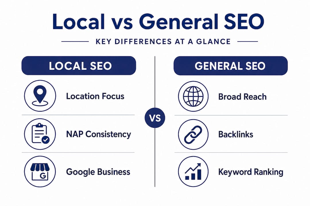 Split infographic comparing local and general SEO factors