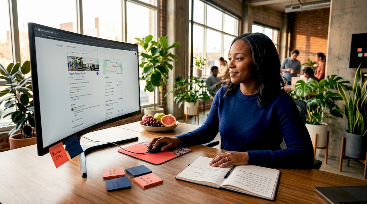 Marketer reviewing Google Business Profile in workspace