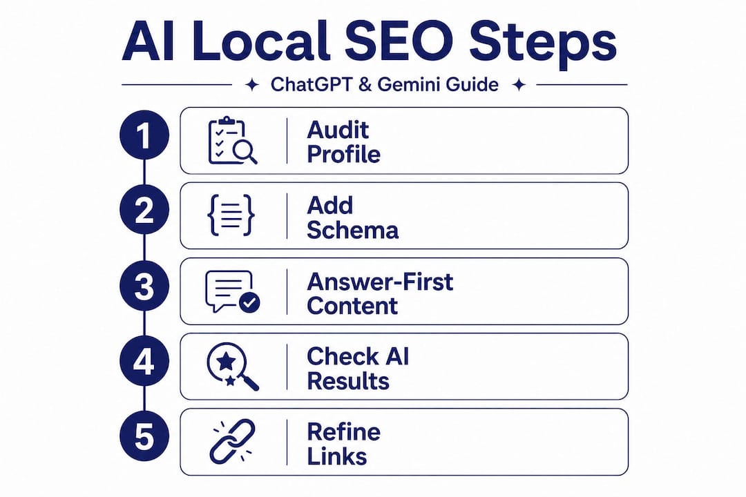 Infographic outlining steps for AI local SEO