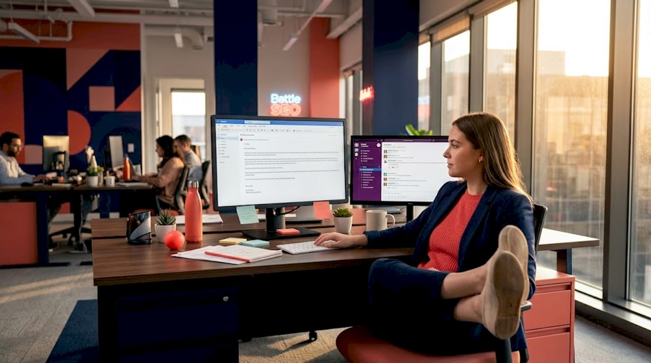 Journalist reviewing PR pitch in busy newsroom