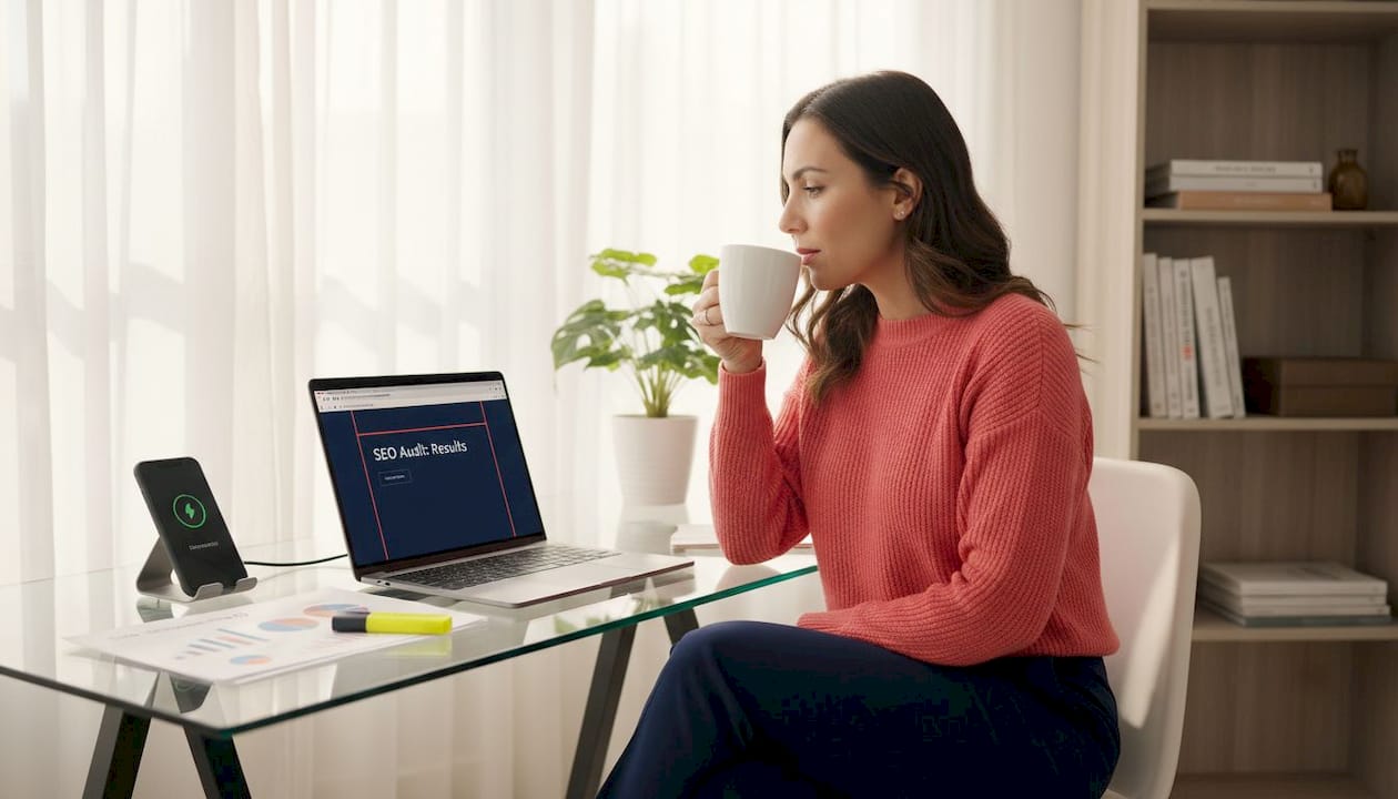 Business owner checking SEO audit on laptop