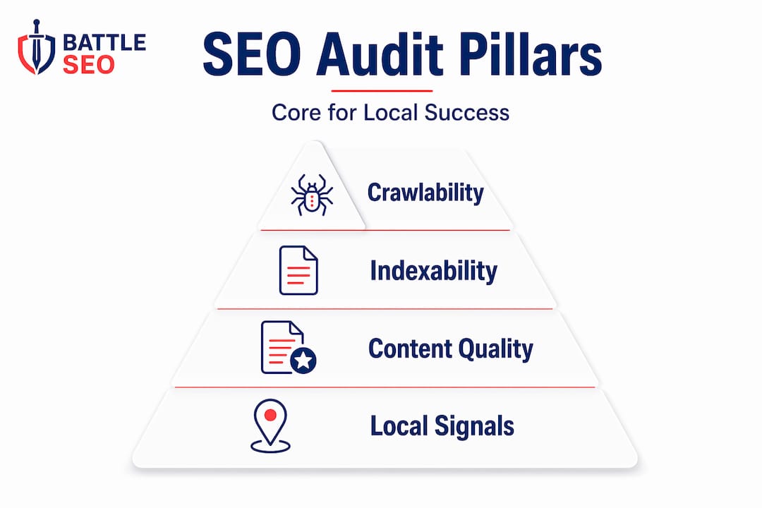 Infographic showing pyramid of SEO audit pillars