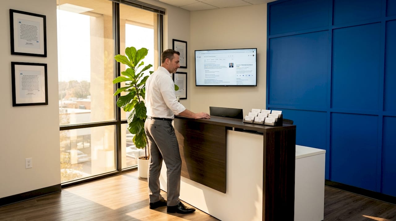 Service provider viewing Google rankings in office