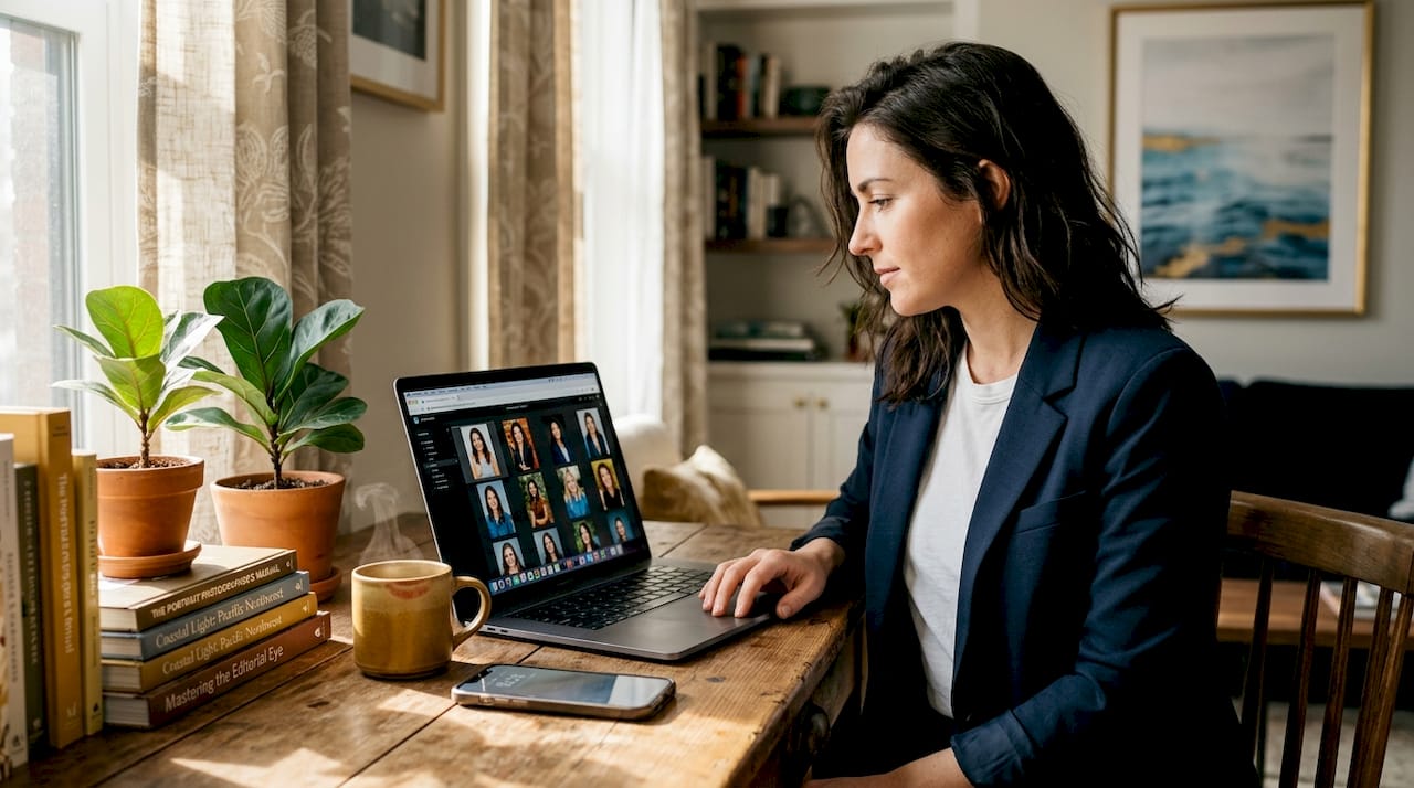 Client downloading same-day headshots at home