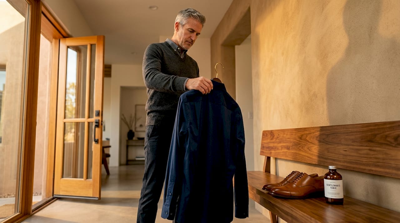 Man preparing business outfit in home office