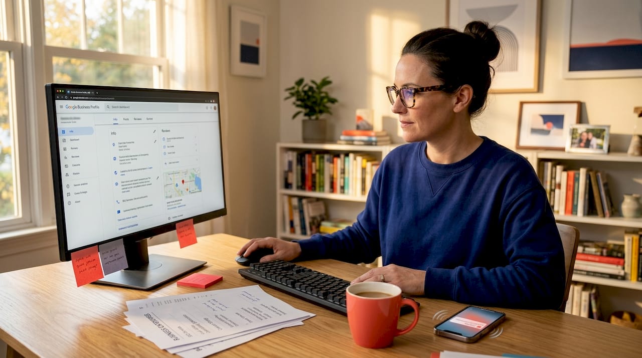 Woman updating Google Business Profile at desk