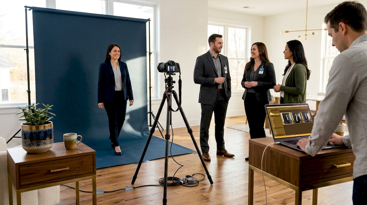 Employees wait for mobile studio headshot session