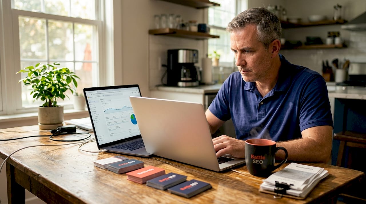 Business owner checking website analytics in kitchen