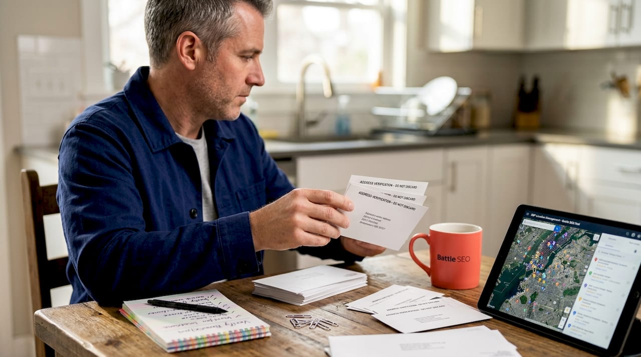 Person verifying business addresses with mail at table