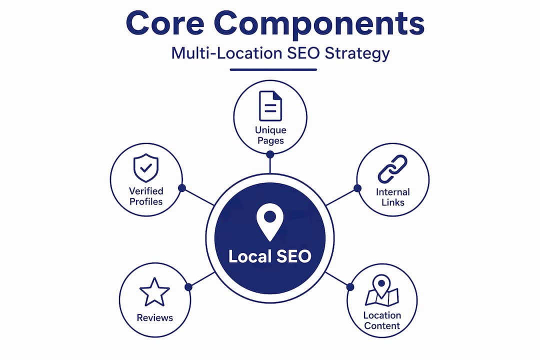 Hierarchy infographic of multi-location SEO core components