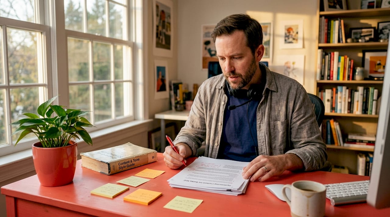 Man reviewing and editing article draft at desk