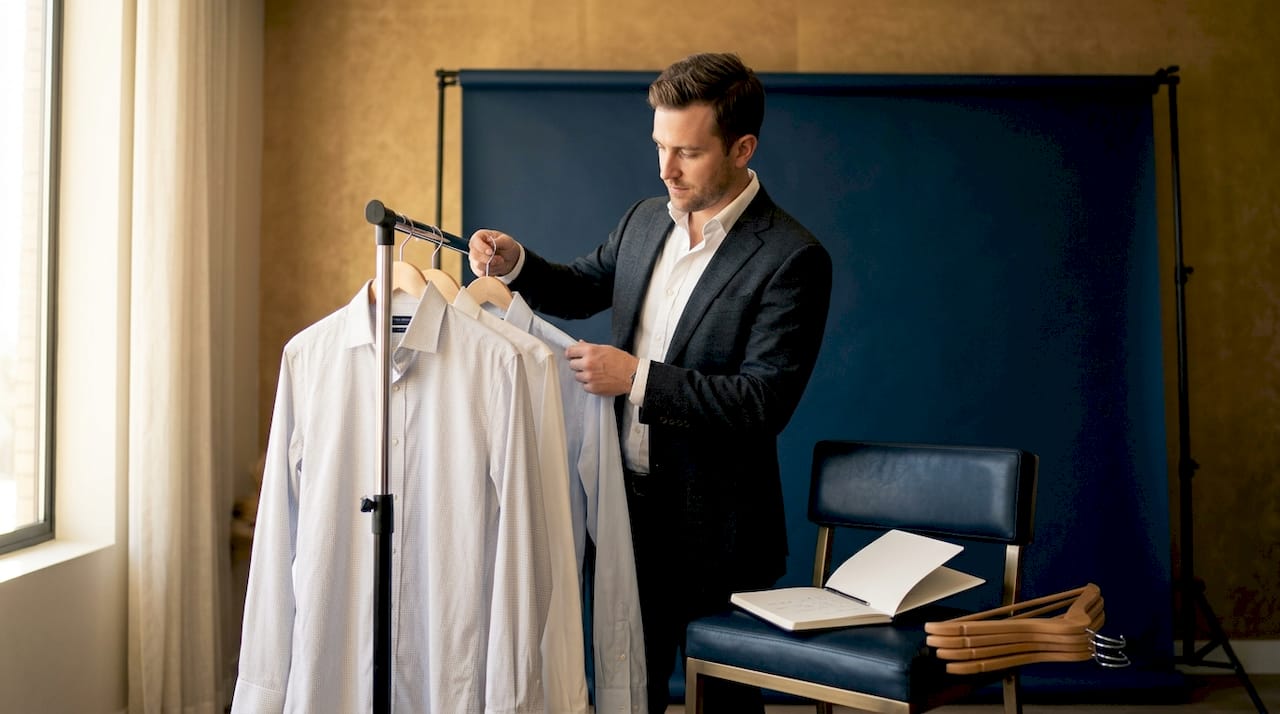 Man choosing shirts for headshot session