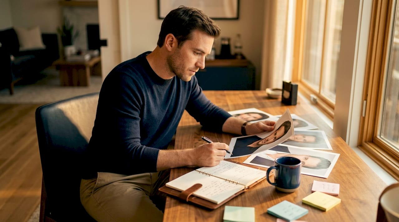 Actor reviewing printed headshot photos at home