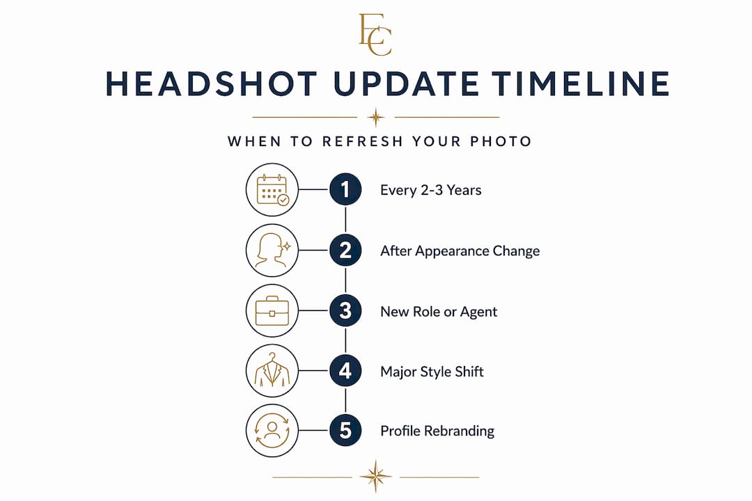 Infographic with actor headshot update timeline steps